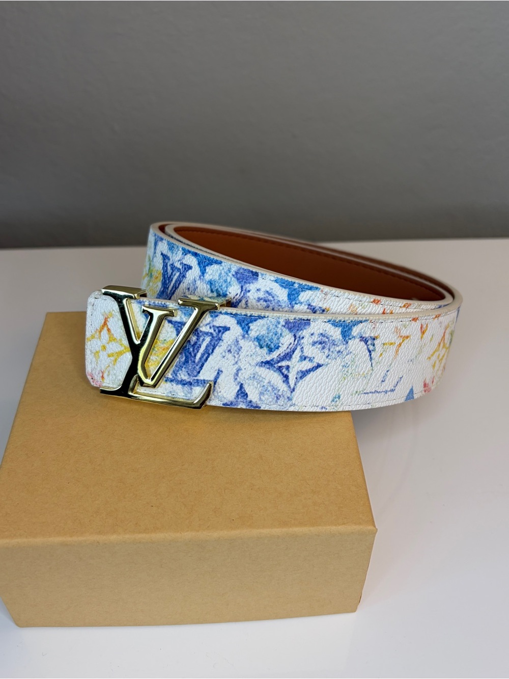 Men’s Original Genuine Leather Monogram Canvas Belt Waist Size 32-36